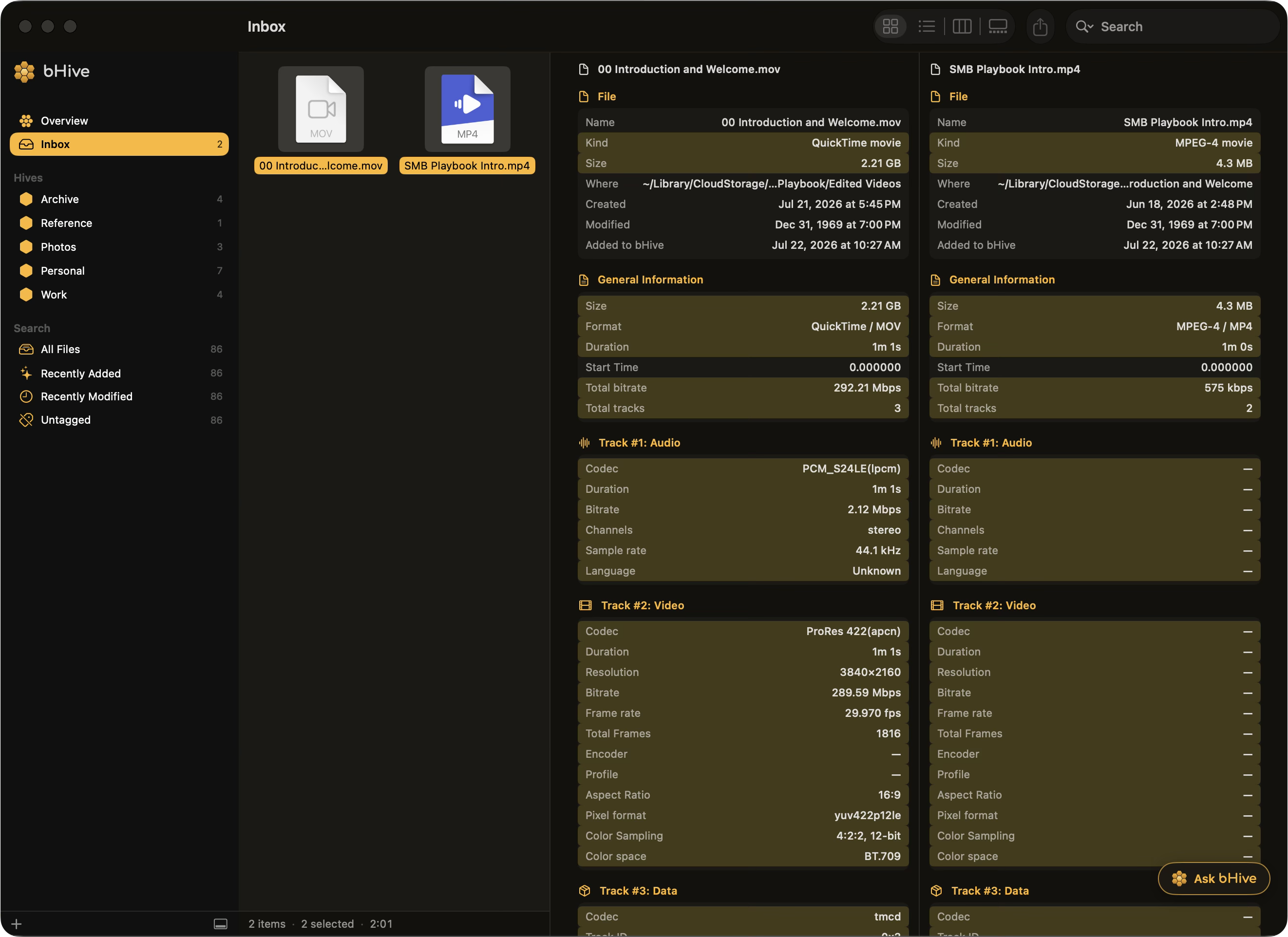 Two versions of the same video compared side by side in the Info Pane — a 2.21 GB ProRes master against a 4.3 MB MPEG-4, with every differing value picked out