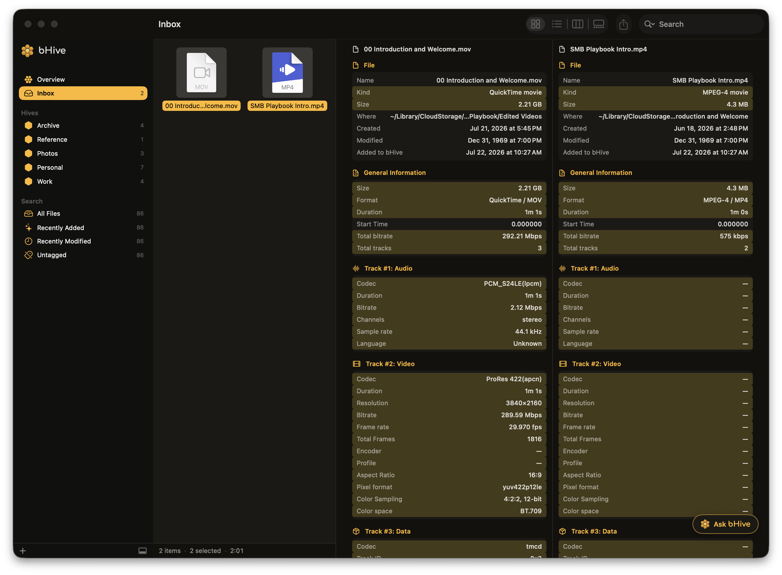 Two versions of the same video compared side by side in the Info Pane — a 2.21 GB ProRes master against a 4.3 MB MPEG-4, with every differing value picked out