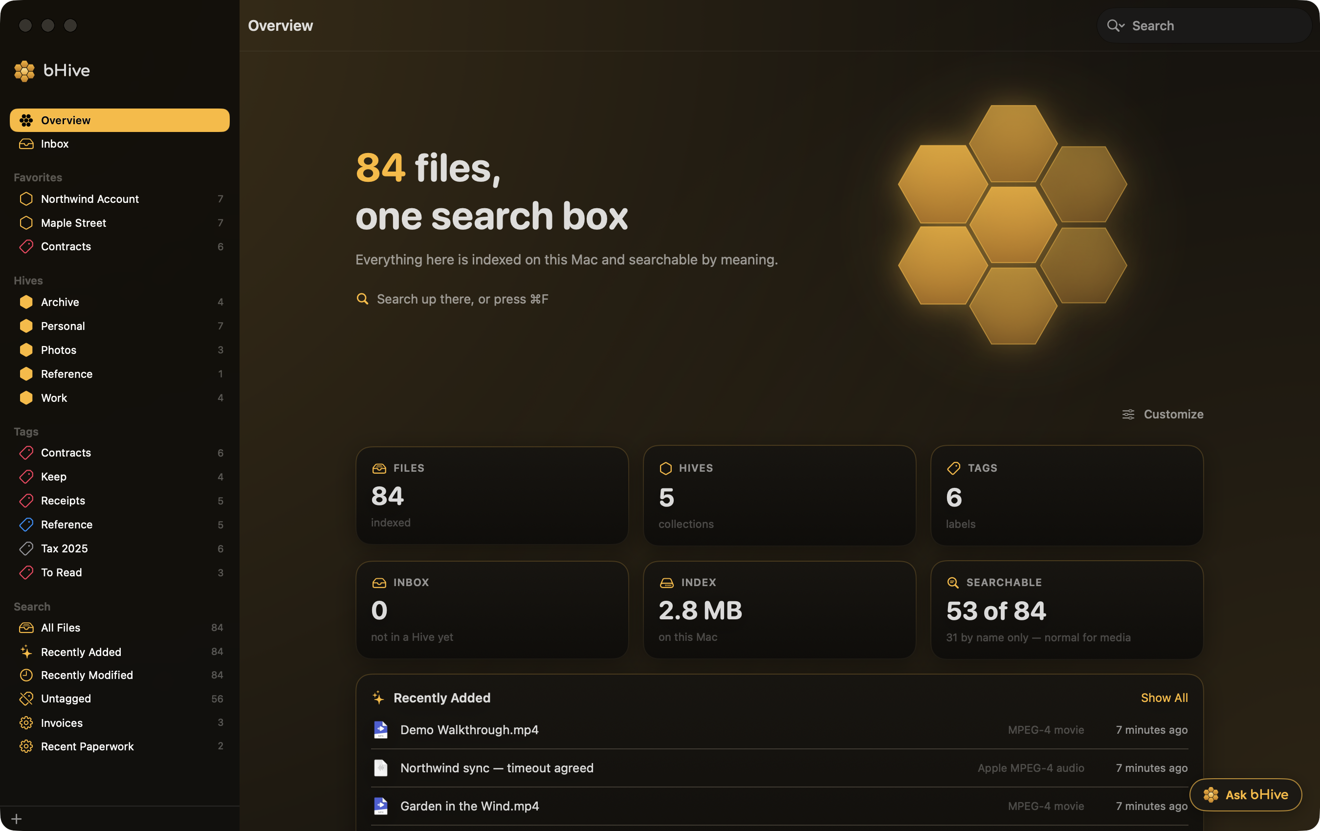 The bHive overview: 84 files indexed on this Mac, with Hives, colored Tags and saved searches down the side